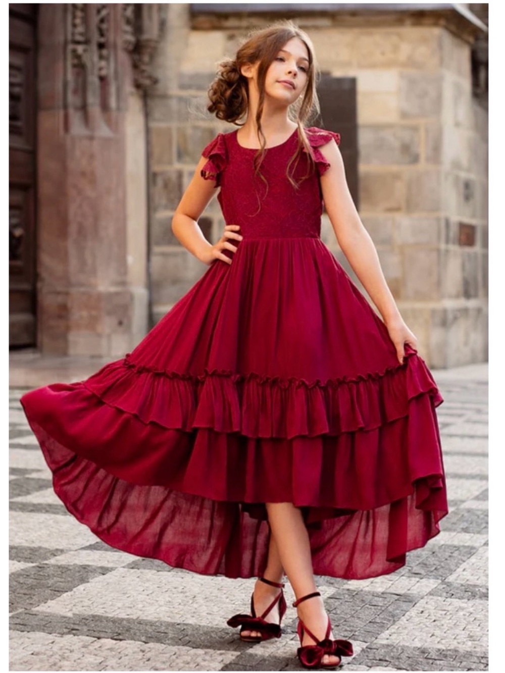 Joyfolie Lacy Petticoat Dress in Burgundy